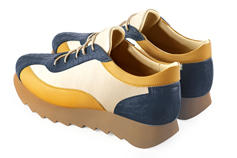 Denim blue, gold and mustard yellow women's three-tone elegant sneakers. Round toe. Low rubber soles. Rear view - Florence KOOIJMAN